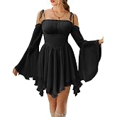 Scarlet Darkness Womens Renaissance Fairy Dress A Line Boho Corset Dress | Long Bell Sleeves Off-shoulder Dress with Pockets, Comfortable Chiffon, for Ren Fair, Pirate Medival Halloween Themed Party