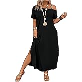 SOLY HUX Women's Plus Size Cold Shoulder Short Sleeve Split Hem T Shirt Dress Summer Long Maxi Dresses