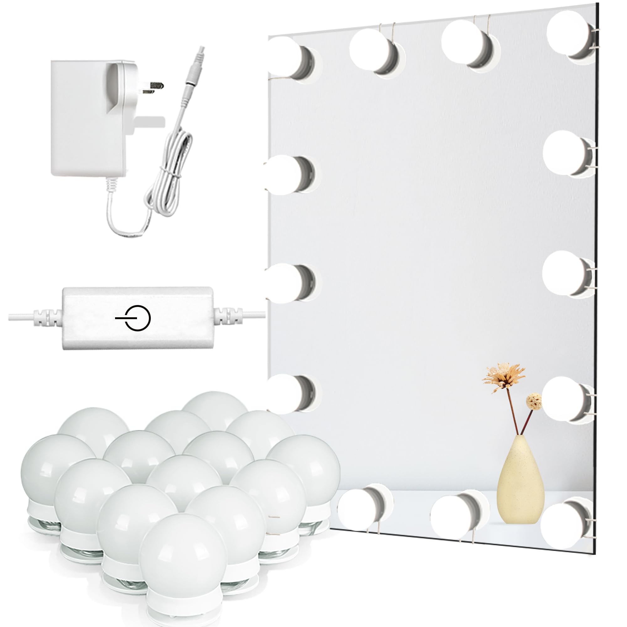 Star Vision 14-Bulb Vanity Lights for Mirror, DIY LED Makeup Lights Kit with Double-Sided Stickers, Plug-in UK Power Adaptor & Touch Dimmer, 6,000K, 1350 Lumens, 6 Meters Length (Mirror Not Included)