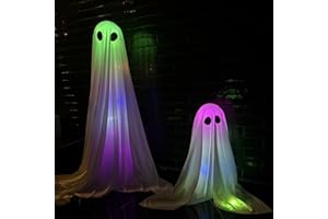 GLEXPFESTI 2 Pack Halloween Ghosts Outdoor White Spooky Ghost Decorations Outside 36'' & 18'' Tall RGB Lighting Timer Function Standing Scary Light Up Ghost Kit for Porch, Courtyard, Party, Haunted Houses (RGB)