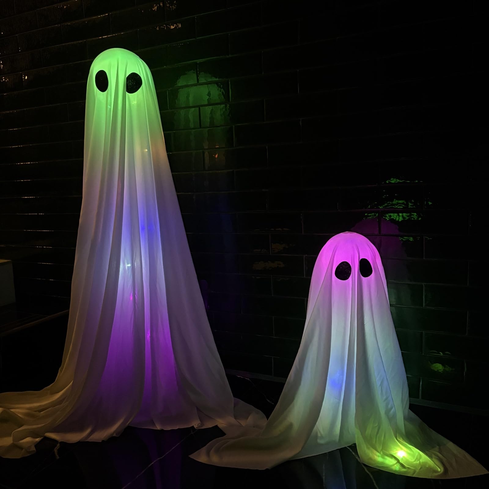 Photo 1 of 2 Pack Halloween Ghosts Outdoor White Spooky Ghost Decorations Outside 36'' & 18'' Tall RGB Lighting Timer Function Standing Scary Light Up Ghost Kit for Porch, Courtyard, Party, Haunted Houses (RGB)