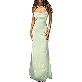 OYOANGLE Women's Spaghetti Strap Lace Up Backless Cami Dress Floral Embroidery Draped Fishtail Dresses