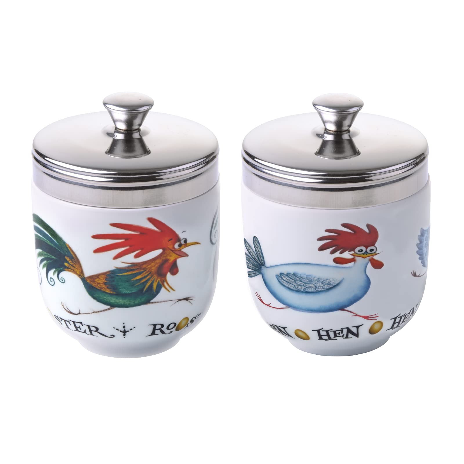 BIA International - Set Of 2 Porcelain Egg Coddlers - Chasing Chickens Design By Clare Mackie - Egg Boiler Kitchen Gadgets - Sous Vide Cooking Pot