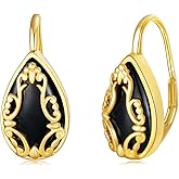 Black Onyx Earrings Sterling Silver Filigree Onyx Dangle Hoop Earrings Boho Leverback Earrings Black Onyx Jewelry Gifts for Women