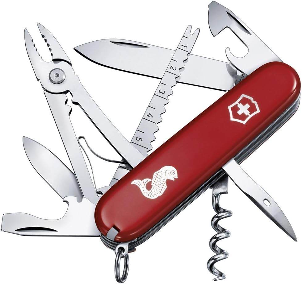 Victorinox Angler Swiss Army Pocket Knife, Medium, Multi Tool, 19 Functions, Fish Scaler With Hook Disgorger, Red