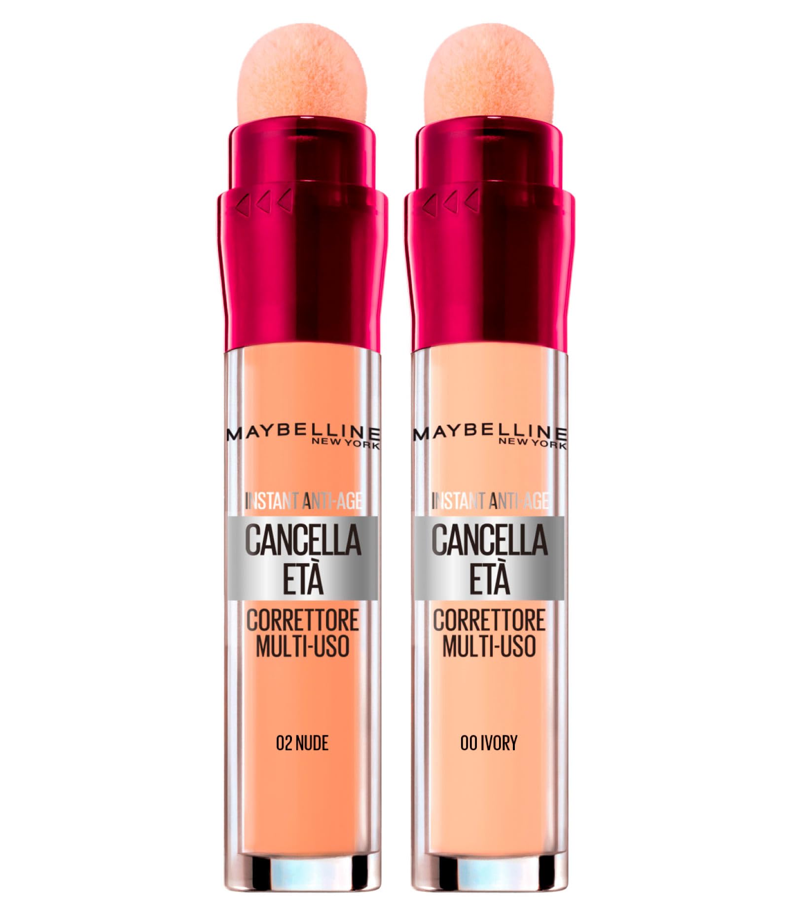 2x Maybelline New York Age-Erasing Liquid Concealer Colors 00 Ivory and 02 Nude with Goji Berries and Haloxyl