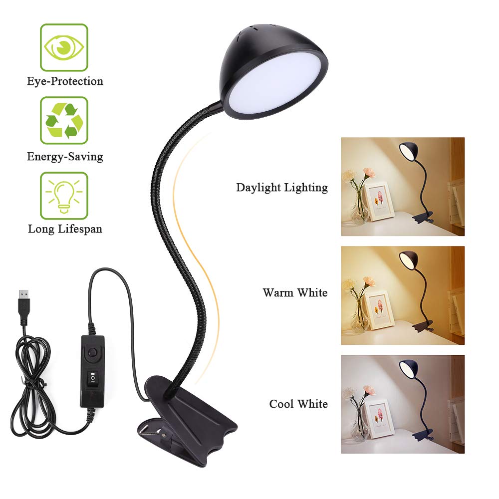 Extractme LED Lamp Clip Light, 10W 3 Dimmable Brightness Levels(3000-6500K), 360 Degree Flexible Gooseneck, USB Power Supply, Long Lifespan Desk Light Perfect for Eye Protection Desk Lamp