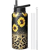 32oz Leopard Sunflower Water Bottle with Handle and Flip Straw, Sports Stainless Steel Insulated Cup Travel Coffee Mug Tumbler, Birthday Mothers Day Chritmas Gifts for Women