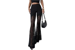 Floerns Women's Goth Floral Lace Flare Leg Pants Elastic Waist Bell Bottom Grunge Hippie Trousers