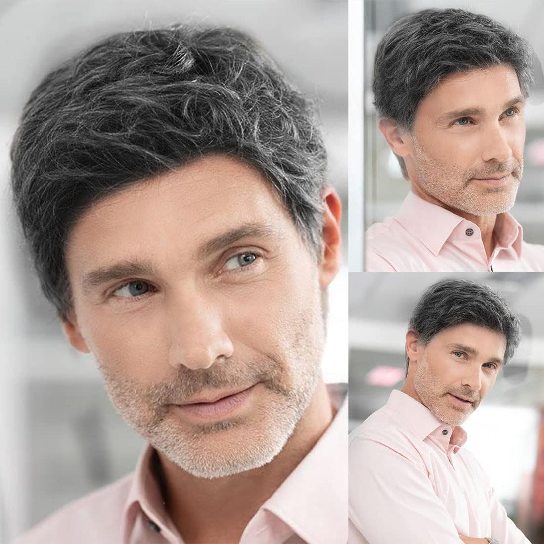 Mens Short Dark Grey Wig Natural Layered Costume Halloween Wigs Synthetic Heat Resistant Hair Replacement Wigs for Male
