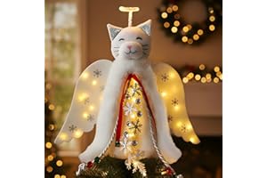 IHEARTDOGS iHeartCats Christmas Tree Topper Decoration - The Original Cat ‘Christmas Miracle’ Angel Cat Tree Topper LED Lighted Halo, Snowflake Garland & Wings Decor Ornament, Holiday Decoration