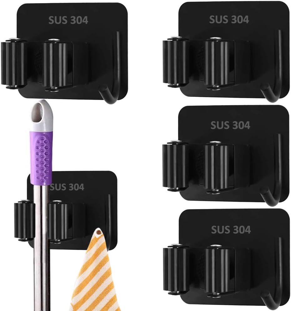 Mop Broom Holder 4Pcs Stainless Steel Self Adhesive Mop Wall Mounted