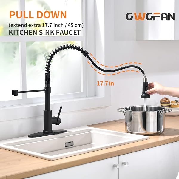 OWOFAN MATTE BLACK KITCHEN FAUCET WITH PULL DOWN SPRAYER – COMMERCIAL SINGLE HANDLE SPRING KITCHEN SINK FAUCETS, MODERN HIGH ARC LAUNDRY UTILITY FAUCET, 1 OR 3 HOLE DECK PLATE INCLUDED 9009R