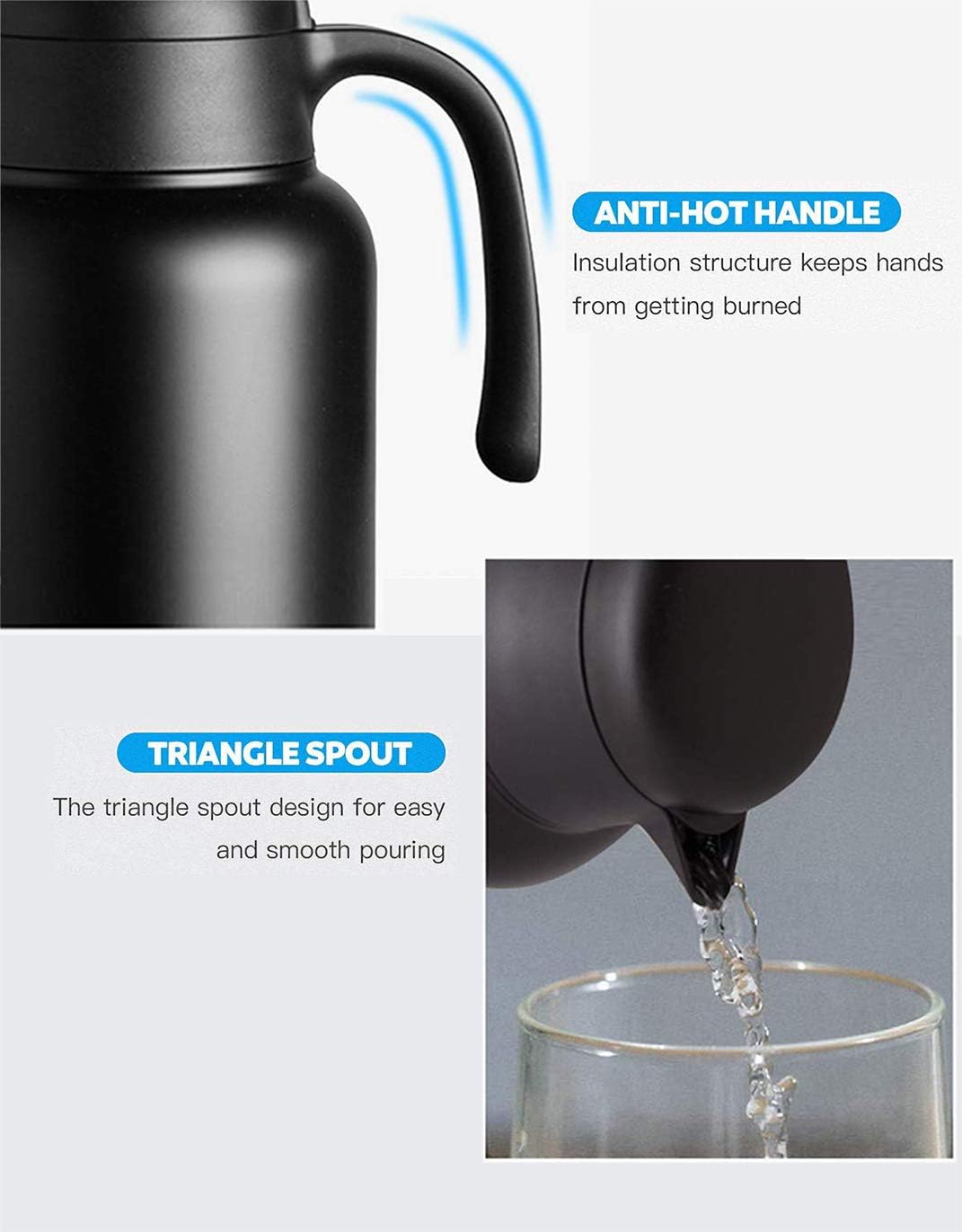 Luvan 2L Thermal Coffee Carafes,304 18/10 Stainless Steel Double Walled Vacuum Insulated Coffee Carafe Jugs with Press Button Top 12+ Hrs Heat&24+ Hrs Cold Retention,for Coffee,Tea,Beverage Black - Image 5