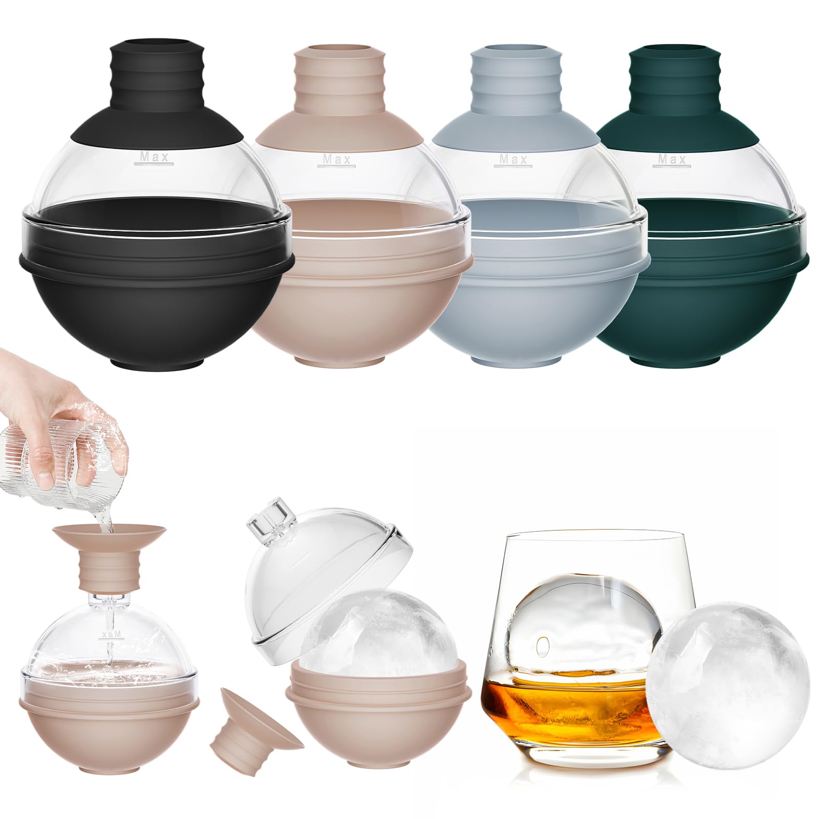 Large Ice Cube Tray Moulds with Funnel Lid - Big Sphere Ice Ball Maker, Silicone Round Ice Molds for Whiskey, Cocktails, Wine, and Drinks (Set of 4) - Reusable Easy-Release Circle Ice Tray