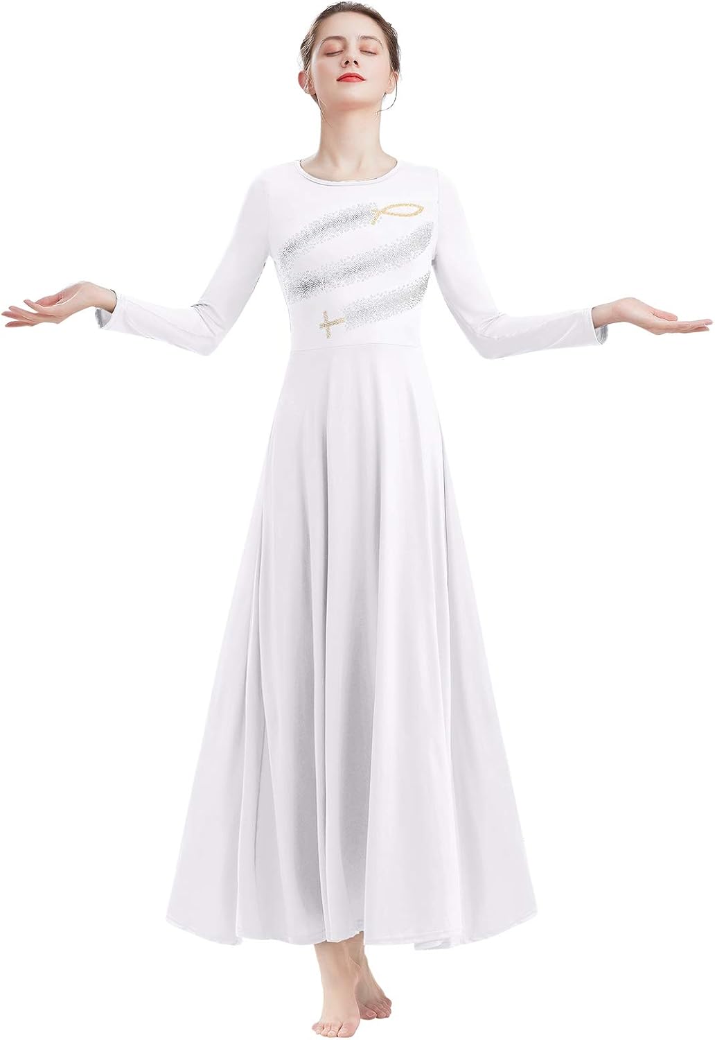 IBAKOM Womens Prom Ballroom Dance Dress Swing Party Dancewear Long Sleeve Dancing Worship Ballet Costume: Clothing