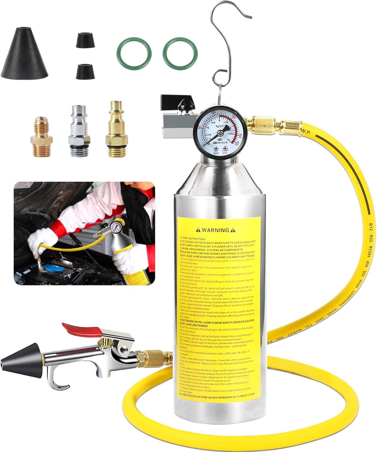 Photo 1 of MOTOCOCHE AC Flush Kit with Pressure Gauge, Relief Valve, Spray Head & Hose - HVAC Cleaner for R410A, R134A, R22 Refrigerants Air Conditioner Pipe, Condenser, Evaporator