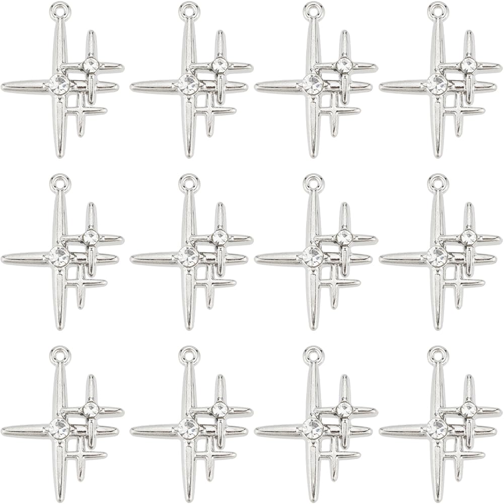 SUNNYCLUE 1 Box 30Pcs Silver Star Charms Four Point Star Charm Clear Glass Rhinestones Three Mini Cross Alloy Stars Charm for Jewellery Making Charms Supplies DIY Necklaces Bracelets Earrings Adults