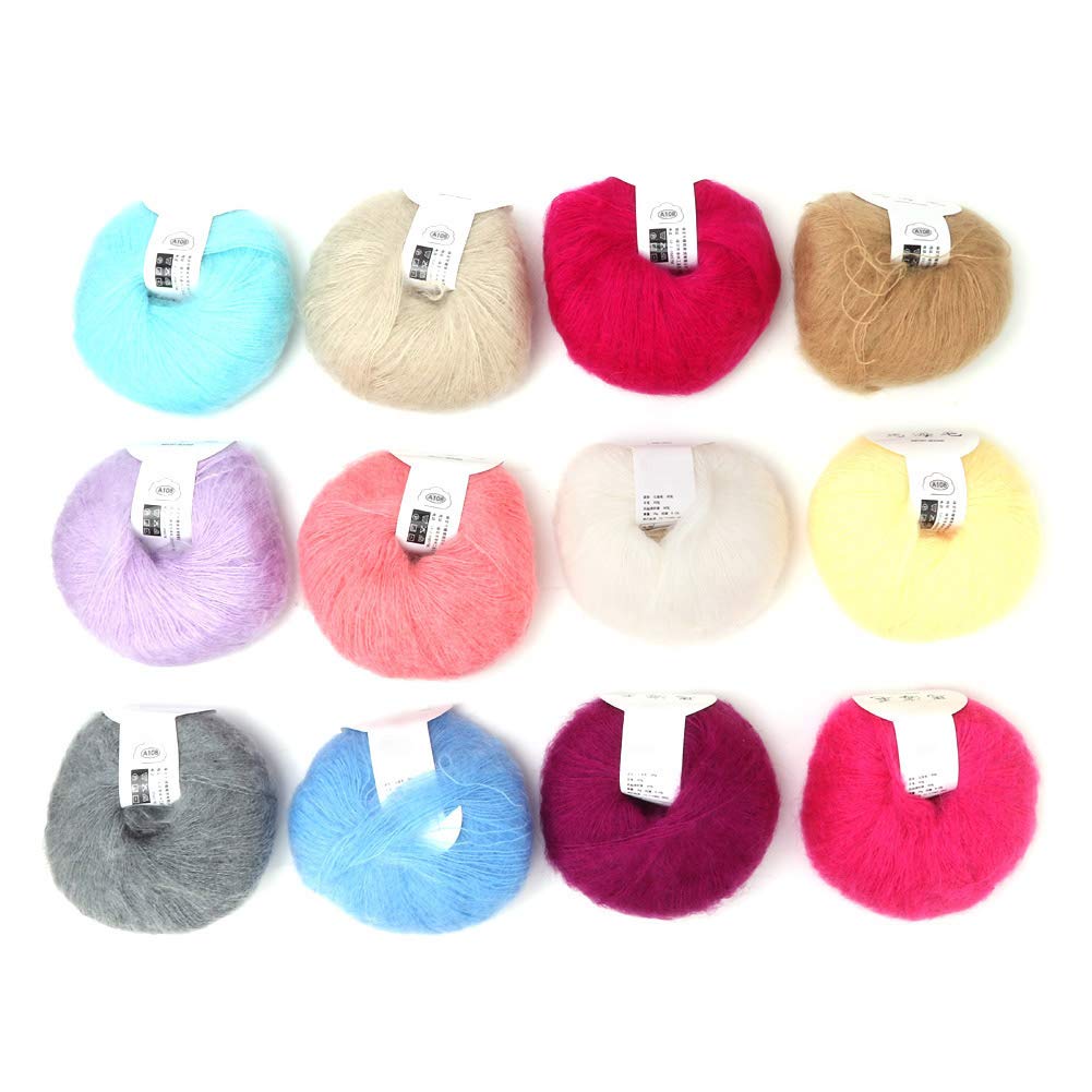Mohair Yarn Wool for Crochet, Soft Mohair Pashm Knitting Thread, Multi-Colored Knitting Crochet Yarn for Blankets Crafts Dolls Pet Clothes(1 Set of Twelve Colors)