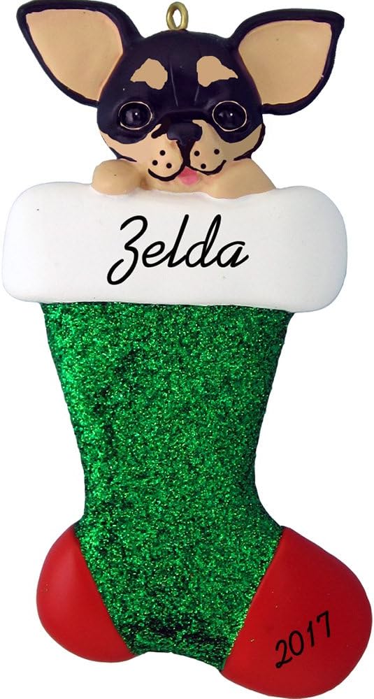 Dog in Stocking Personalized Christmas Ornament (Black Chihuahua) - Resin - Handpainted - 4" Tall - Customize for Free Add Name and The Year
