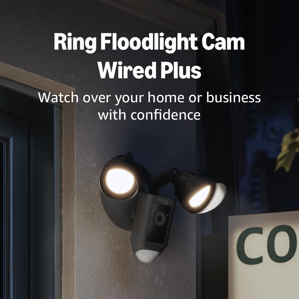 Ring Floodlight Cam Wired Plus — Outdoor home or business security with motion-activated 1080p HD video and floodlights, (2021 release) Black