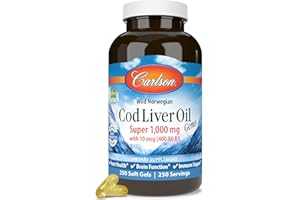 Carlson - Cod Liver Oil Gems, Super 1000 mg, 250 mg Omega-3s, 400 IU (10 mcg) Vitamin D3, Wild Caught Norwegian Arctic Cod Liver Oil, Capsules, 250 Softgels
