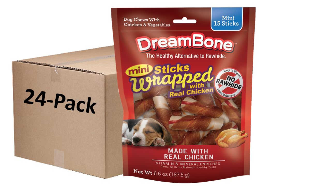 DreamBone Mini Chicken-Wrapped Chews 15 Count, Rawhide-Free Chews for Dogs (1 CASE of 24 Individual Packs of 15 Count)