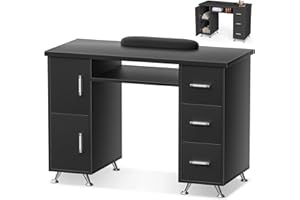 DeerDean Manicure Table Black Nail Desk Station for Nail Teck Acetone Resistant Nail Table with Extended Drawers & Cabinets & Wrist Cushion
