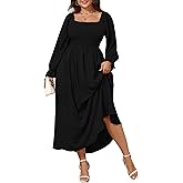 SHESTARR Women's Plus Size Maxi Dress Long Sleeve Square Neck Smocked Flowy A-Line Boho Wedding Party Maxi Dress