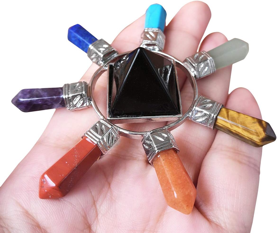 Loveliome 7 Crystal Pyramid Quartz Points Chakra Stones Energy Generator for Reiki,Balancing,Healing,Black Agate