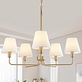 Gold Chandeliers for Dining Room 30” Bedroom Light Fixture with White Fabric Shade 5-Light Modern Farmhouse Chandelier Adjust