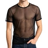 YINYOUYU Mens Mesh Shirt See Through Top Sexy Muscle Tee Lounge Short Sleeves Sheer Breathable T-Shirt Clubwear