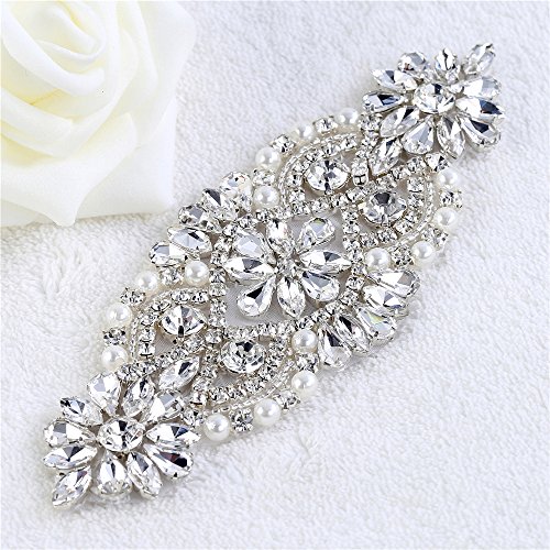 Iron on Bridal Pearls Crystal Rhinestone Diamante Strass Wedding Applique Patches Embellishment Handcrafted Bling Decoration for Woman Formal Dress Prom Gown Shoes Headpieces Heel Sparkly Girl Belt