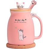 Feify Cute Cat Cup Ceramic Coffee Mug with Kawaii Cat Wooden Lid, Lovely Stainless Steel Spoon, Anime Kitty Thicken Wooden Coaster, Christmas Birthday Cute Thing Japanese Mug 16oz (Pink)