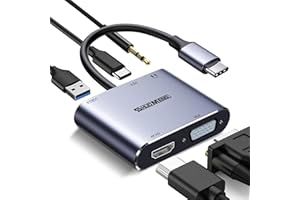 USB C to VGA HDMI MultiPort Adapter, USB C Hub (5 in 1), with 4K HDMI 1080p VGA, 100W Power Delivery, USB 3.0, AUX 3.5mm, for