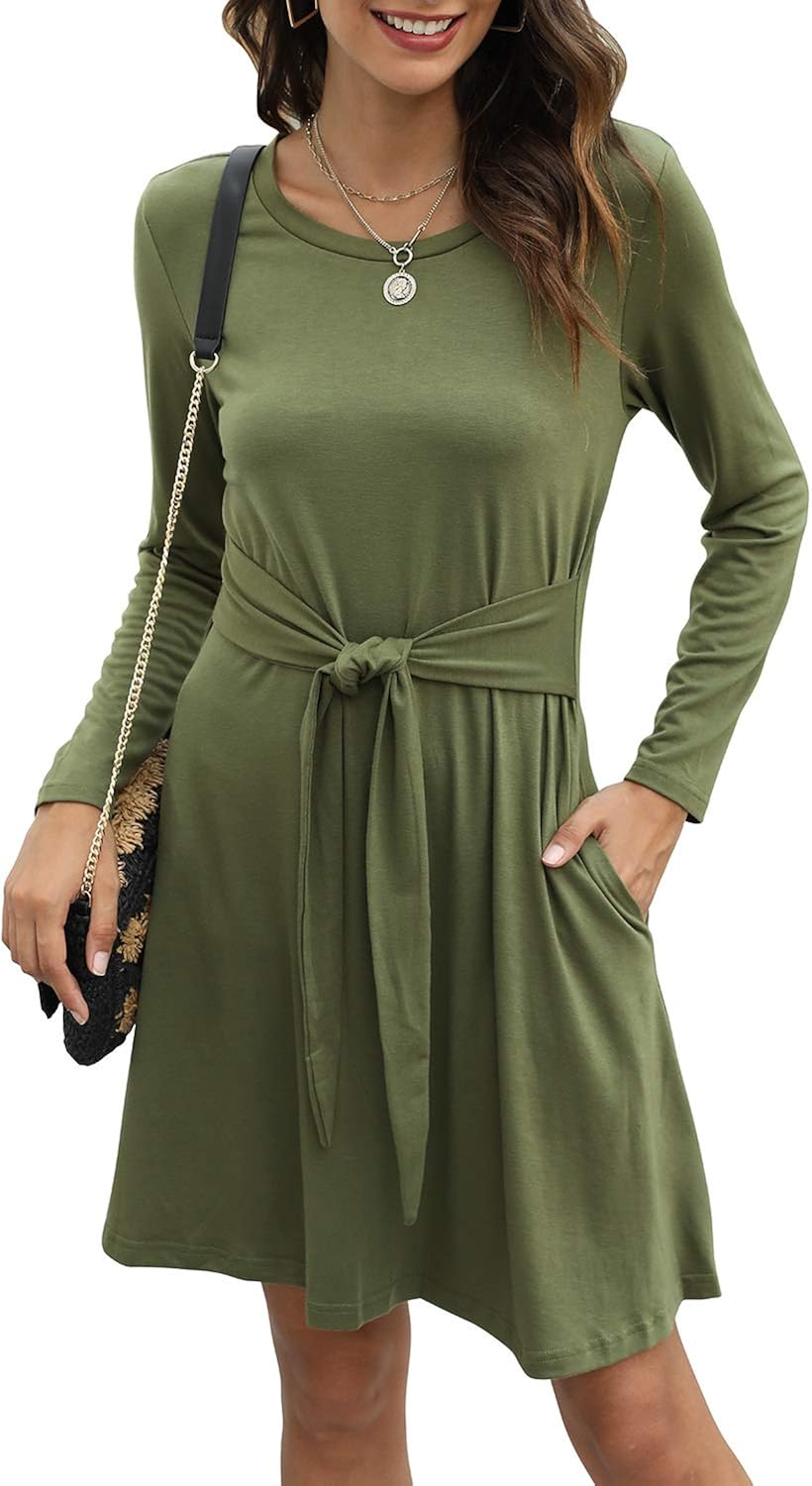 Manydress Women's Long Sleeve Cotton Casual Tie Waist Short Swing