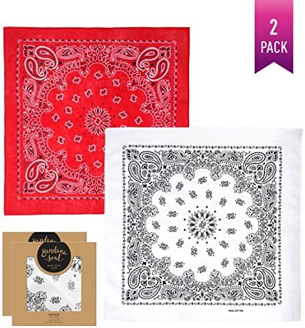 Bandanas by BANDANA SOUL - 100% Cotton Headband - 21.5 x 21.5 inches (White + Red)