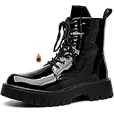 QEOSNBX Men'S Patent Leather Fur Lined Platform Combat Boots Fashion Side Zipper Wide Toe Autumn Winter Warm Lug Sole High Top Motorcycle Boots Comfort Casual Waterproof Non-Slip Ankle Booties