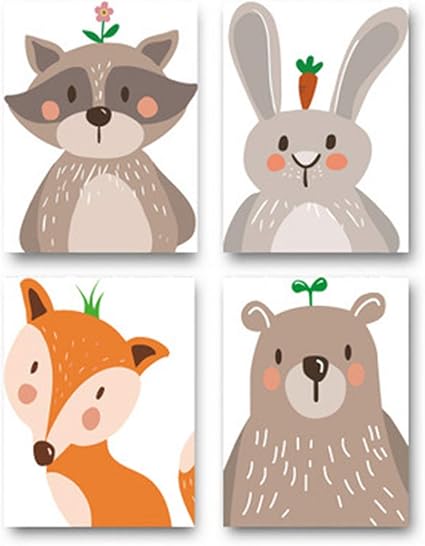 Ensemble De 4 Affiches Dart Mural Posters Pour Chambre De Bebe Ou Denfant Sans Cadre Pour Fille Garcon Poster Animal Impression Art Affiches Decorations Murales Blanc Tableaux Bebe Puericulture