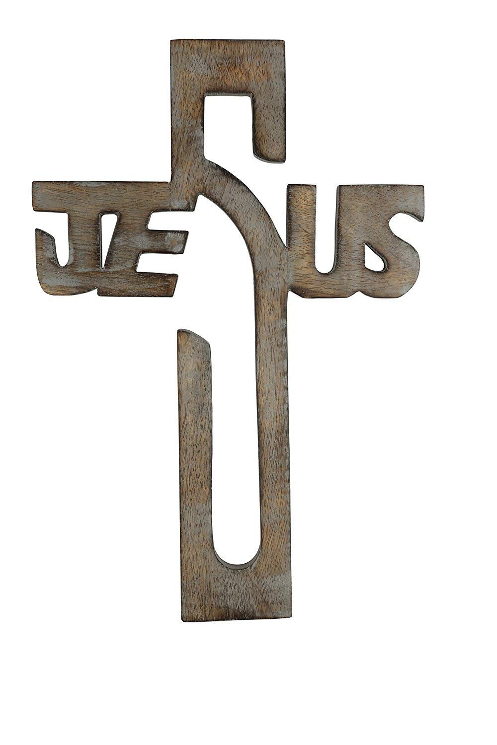 Ajuny Wooden Crucifix Wall Cross - Wall Hanging Handmade Rustic Vintage Religious Catholic Prayer Cross Spiritual Art Sculpture Home Living Room Decor (15x10 Inch)