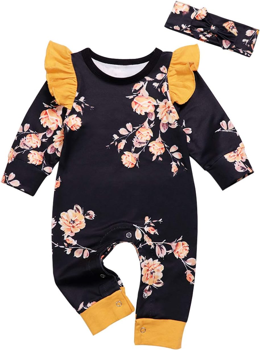 Newborn Baby Girl Clothes Floral Print Ruffle Romper Long Sleeve Onesies with Headband Outfits