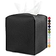 Leather Tissue Box Cover Square – Tissue Holder with Bottom Belt [JESMINI, Black] Aesthetic PU Leather Tissue Box Holder Decorative for Bathroom, Home Office Decor
