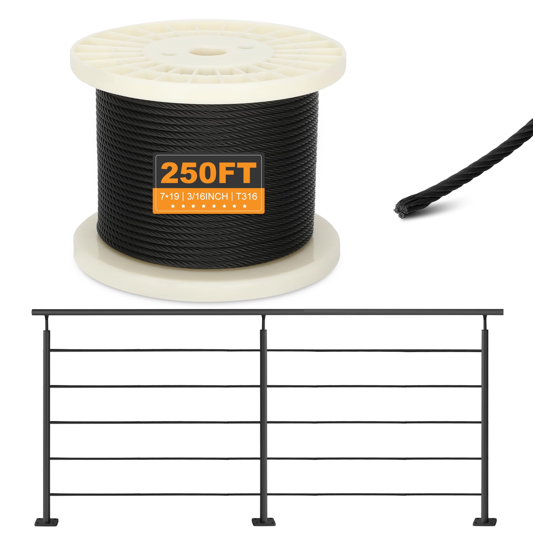 Photo 1 of T316 Black 3/16" Stainless Steel Cable, 250ft Wire Rope, 7X19 Strands Aircraft Cable, 3700lbs Breaking Strength, Zip Line for Heavy Duty Applications, Deck Railing, String Lights & Yard Zipline