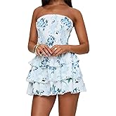 Women Strapless Tube Mini Dress Y2K Smocked Ruffled Tiered Floral Short Dresses Boho Flowy Off Shoulder Beach Dress