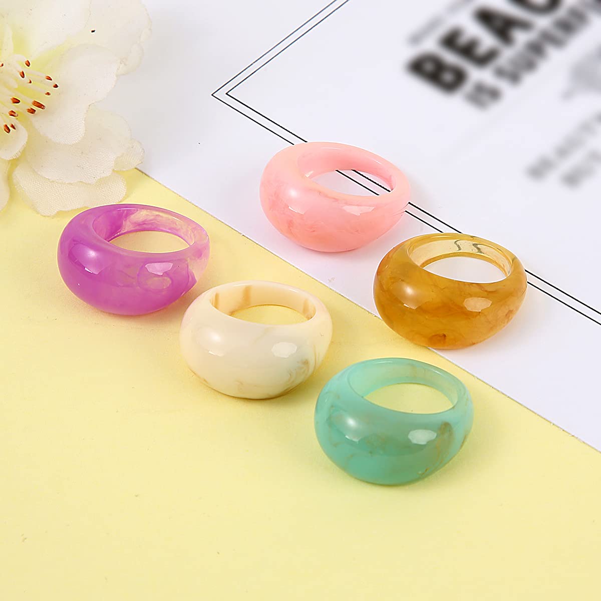 AIDSOTOU 20 Pcs Acrylic Cute Trendy Colorful Rhinestone Stackable Chunky Rings for Women