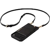 Bandolier Emma Crossbody Wallet Phone Case for iPhone 17 Pro Max. 100% Genuine Pebble Leather. Adjustable & Removable Crossbody Strap. Card Holder with Snap Closure. Black with Gold Hardware