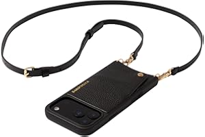 Bandolier Emma Crossbody Wallet Phone Case for iPhone 17 Pro. 100% Genuine Pebble Leather. Adjustable & Removable Crossbody Strap. Card Holder with Snap Closure. Black with Gold Hardware