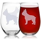 OWATRKDEY French Bulldog Stemless Wine Glass - Set of 2, Glassware for Birthdays, Parties and Anniversaries, Ideal Gift for French Bulldog Lovers, Breed Name Engraved at Base, 15.5oz.