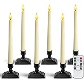 Homemory Wax Window Candles with Remote Timer Dimmer, Battery Operated Candlesticks with Holders, Christmas LED Candlesticks for Window Home Part Decor, 6 Pcs Ivory