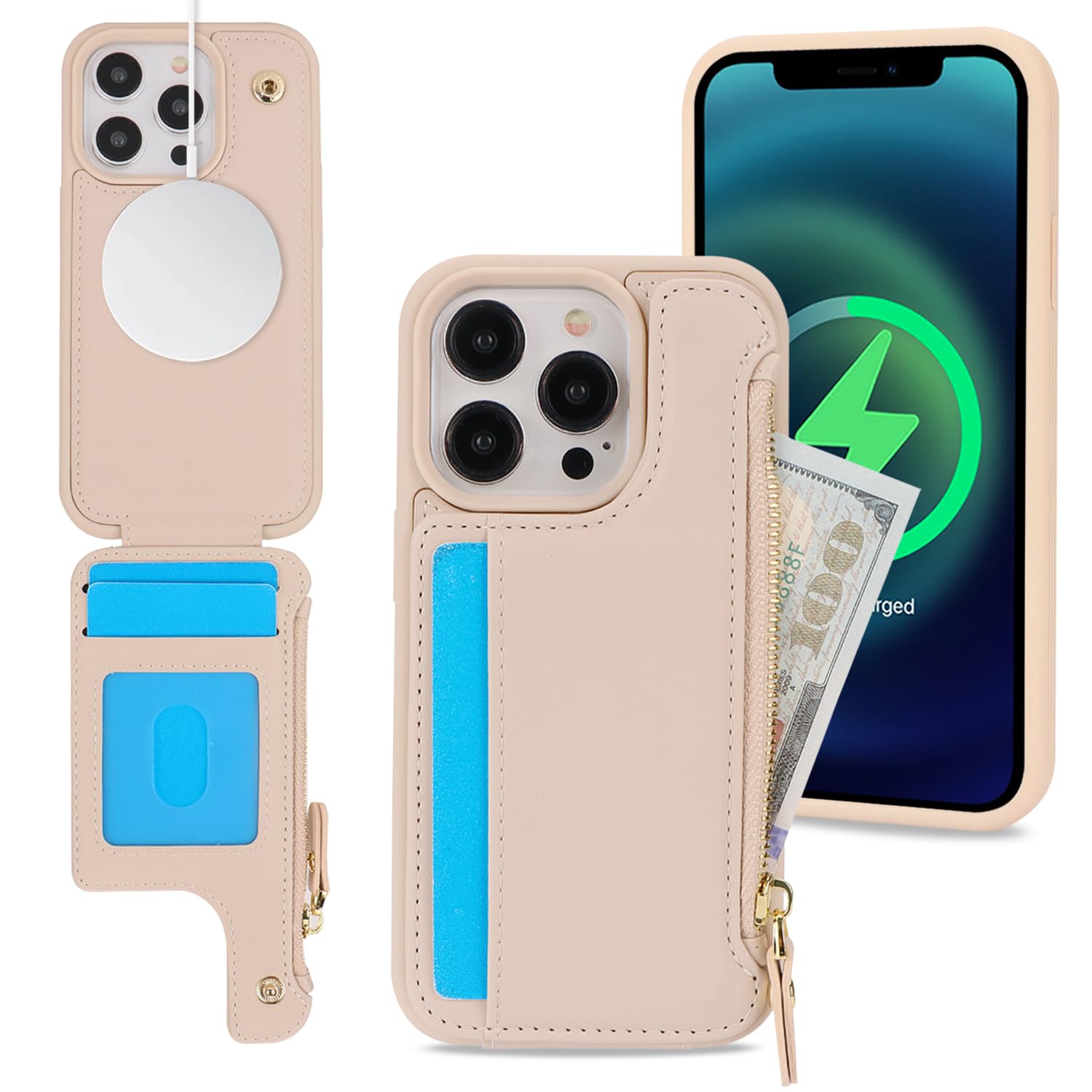 SailorTech iPhone 12 Pro Max Case with Credit Card Holder magsafe, iPhone 12 Pro Max Phone Leather Case Wallet for Women Compatible mag safe Zipper Shockproof Case for Men - Beige — image 1